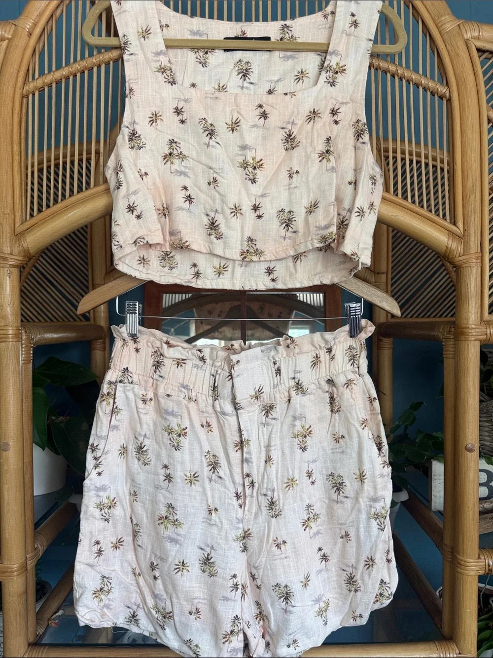 O.P.T Palm tree print Cream Two-Piece shorts Set with Crop Tank